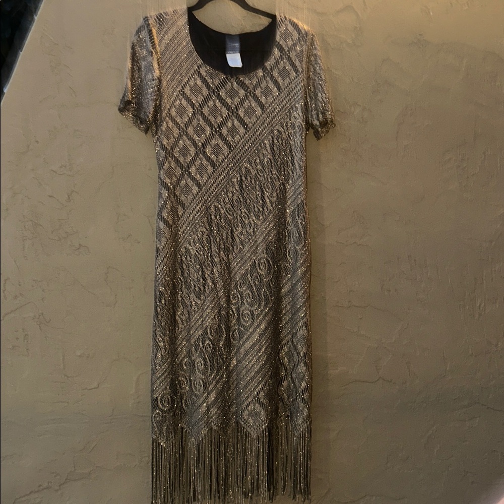 Vintage Helene Blake Gold Lurex Fringe Knit Dress